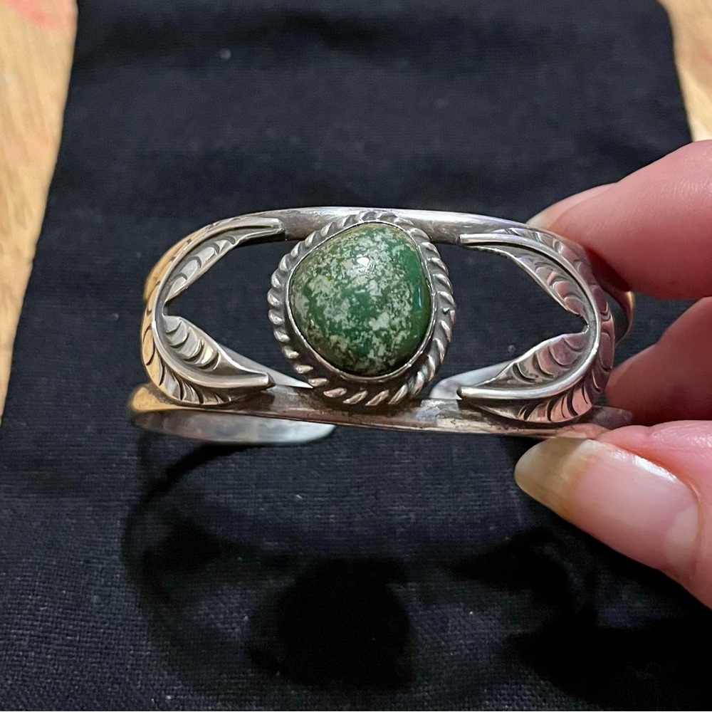 Green and Silver Turquoise Bracelet with Intricate Detailing